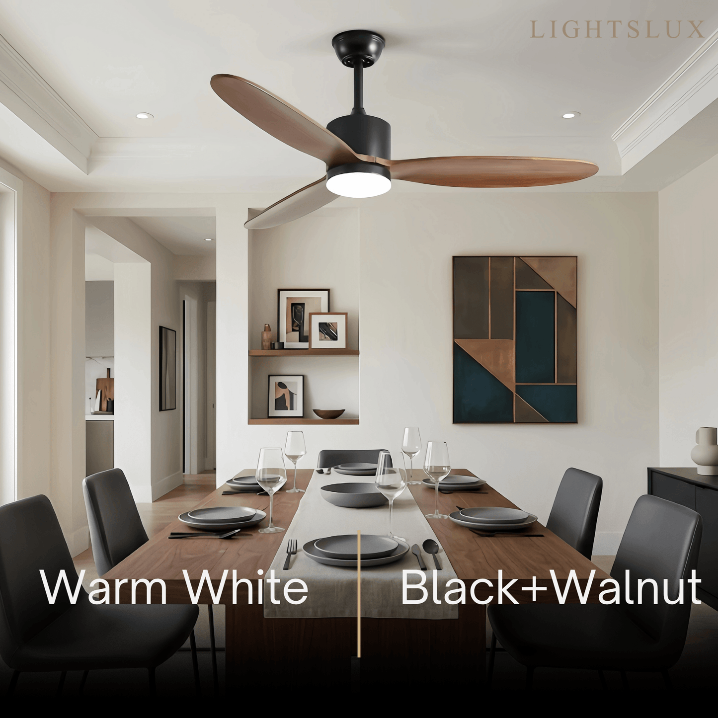 Vivara Minimalistische Deckenventilator-Leuchte – Metall & Holz Walnuss oder Eiche für Wohnzimmer