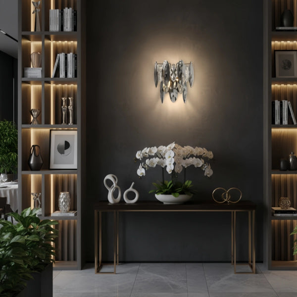 Excelis Modern Luxury Crystal Wall Sconce – Smoky Grey & Gold with Clear Crystals for Indoor