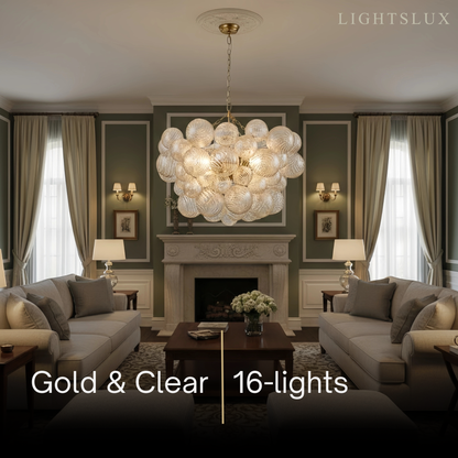 Modern Chandelier – Bubble Etched Glass Golden Chains Artistic for Dining Room/Entryway