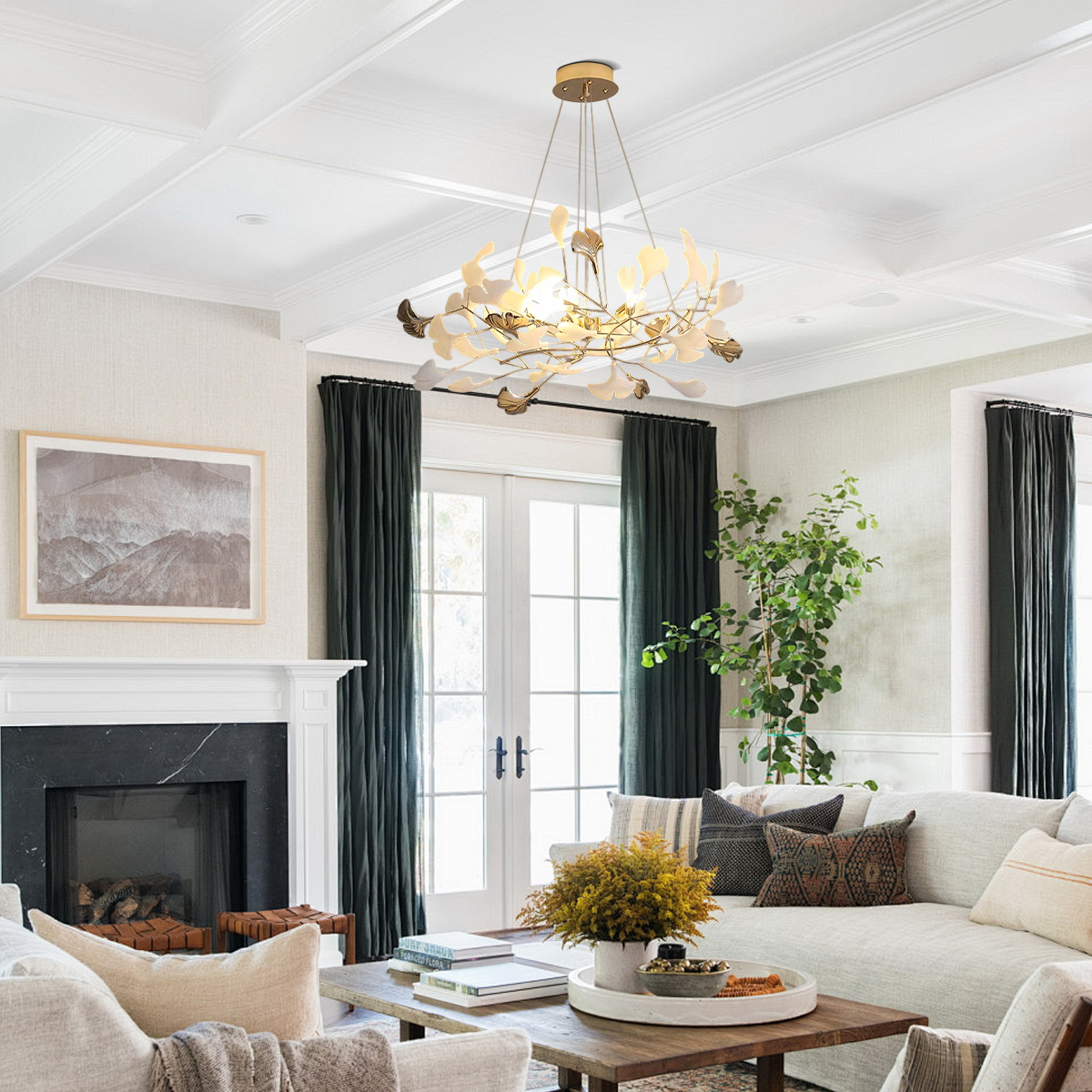 Art Deco White Chandelier – Petal-Shaped Ceramic Design