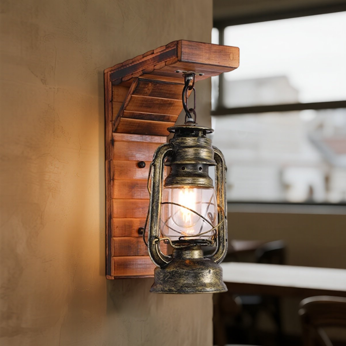 Vintage Wood & Metal Wall Lamp - Burlywood Lantern for Living Room