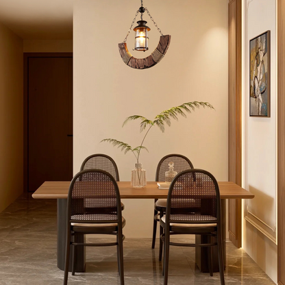 Irondale Rustic Arc Pendant Light — Wood & Metal & Glass Lantern Dining Room