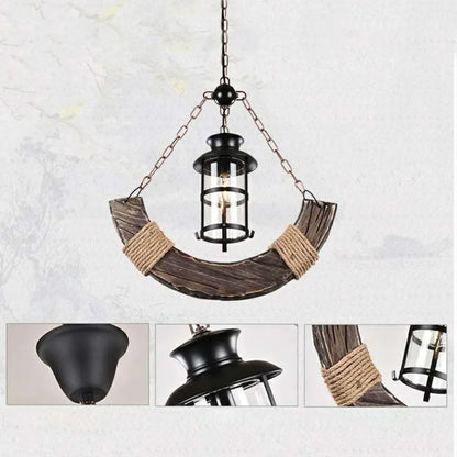 Vintage Lantern Pendant Light — Black Metal & Burlywood 