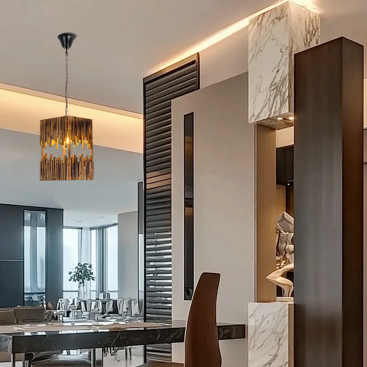  Vintage Rectangular Pendant Light – Wood & Metal 