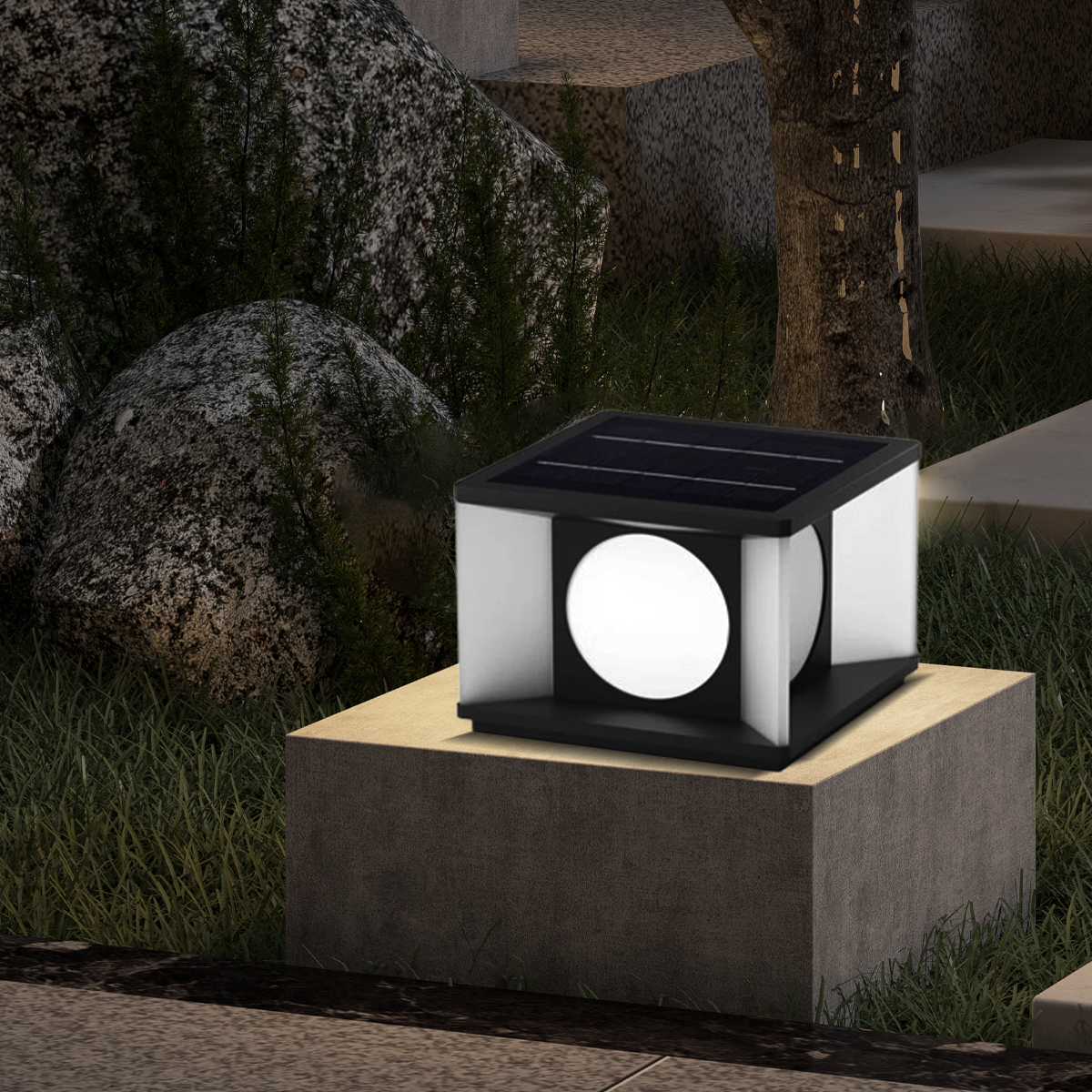 Modern Black Solar Outdoor Pillar Light for Courtyard