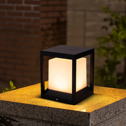 22cm Modern Black Square Solar Outdoor Pillar Light 