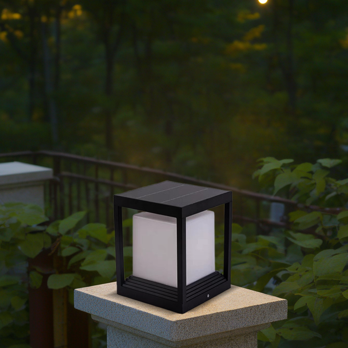 15cm Modern Black Square Solar Outdoor Pillar Light on Off