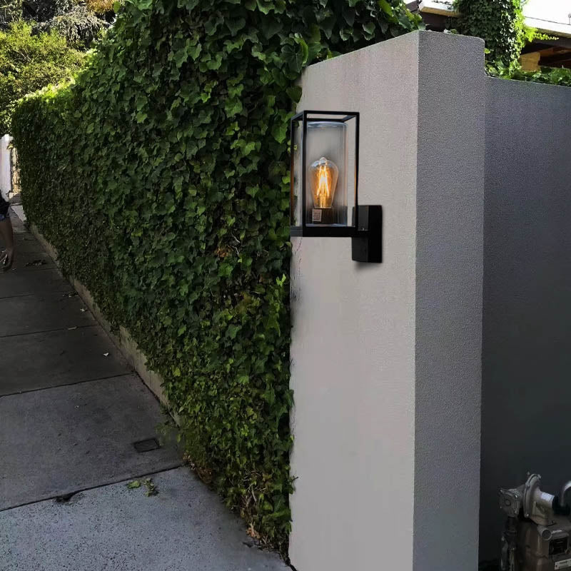 Vintage Outdoor Wall Lamp - Black Metal & Glass Rectangular Design for Garden