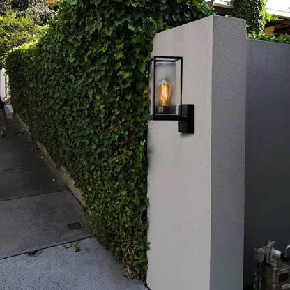 Vintage Outdoor Wall Lamp - Black Metal & Glass Rectangular Design for Garden