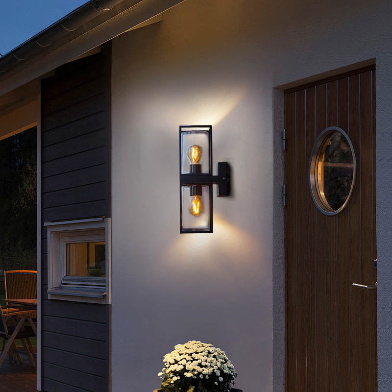 Vintage Outdoor Wall Lamp - Black Metal & Glass Rectangular Design for Garden