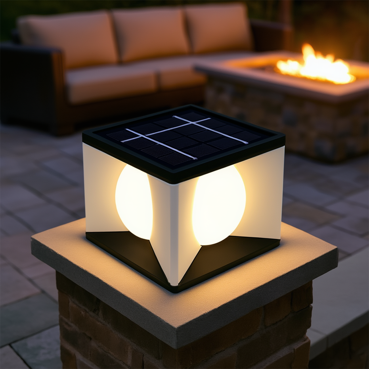 Lunara Art Deco Solar Outdoor Pillar Light - Black Metal Square Moon for Courtyard/Garden