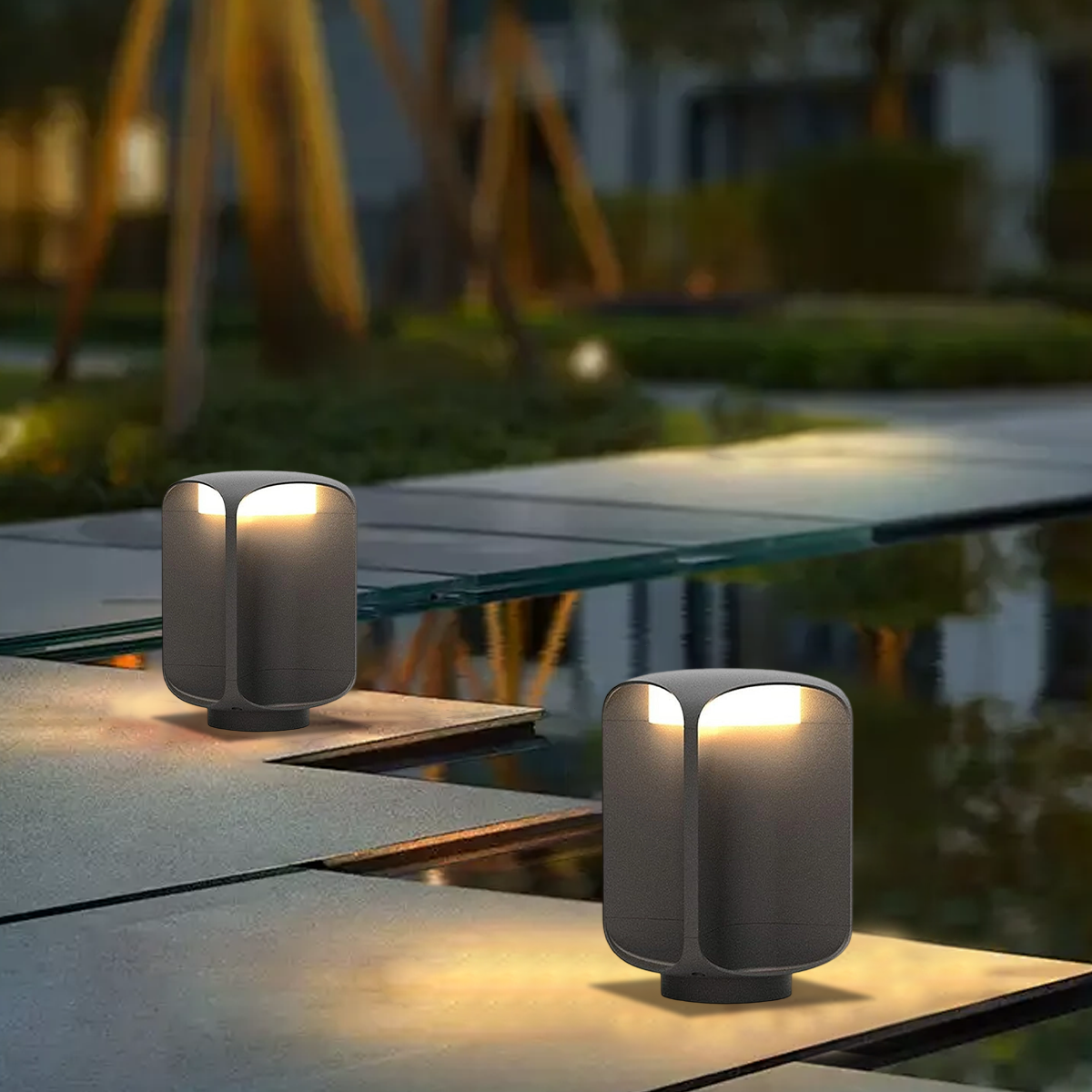 Stellar Modern Cylindrical Outdoor Floor Lamp – Black or Grey Metal & Glass Fixture