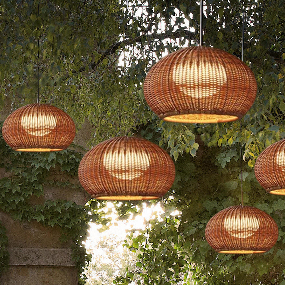 Farmhouse Coffee/Beige Outdoor Pendant Light Rattan Lantern Garden