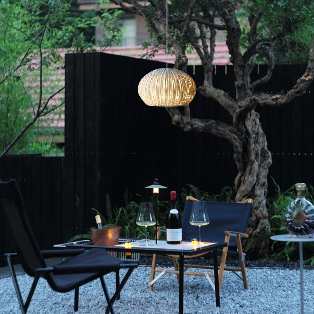 Farmhouse Coffee/Beige Outdoor Pendant Light Rattan Lantern Garden