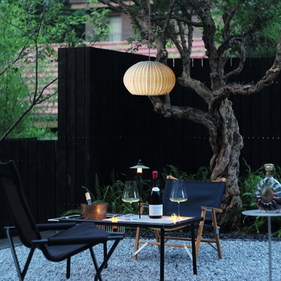 Farmhouse Coffee/Beige Outdoor Pendant Light Rattan Lantern Garden
