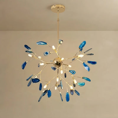 Excelis Art Deco Natural Agate Chandelier - Leaf Design in Blue/Green/Colorful
