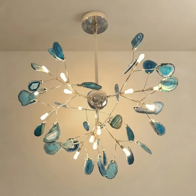 Excelis Art Deco Natural Agate Chandelier - Leaf Design in Blue/Green/Colorful