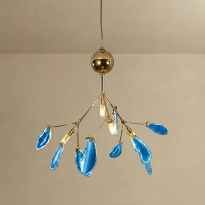 Excelis Art Deco Natural Agate Chandelier - Leaf Design in Blue/Green/Colorful