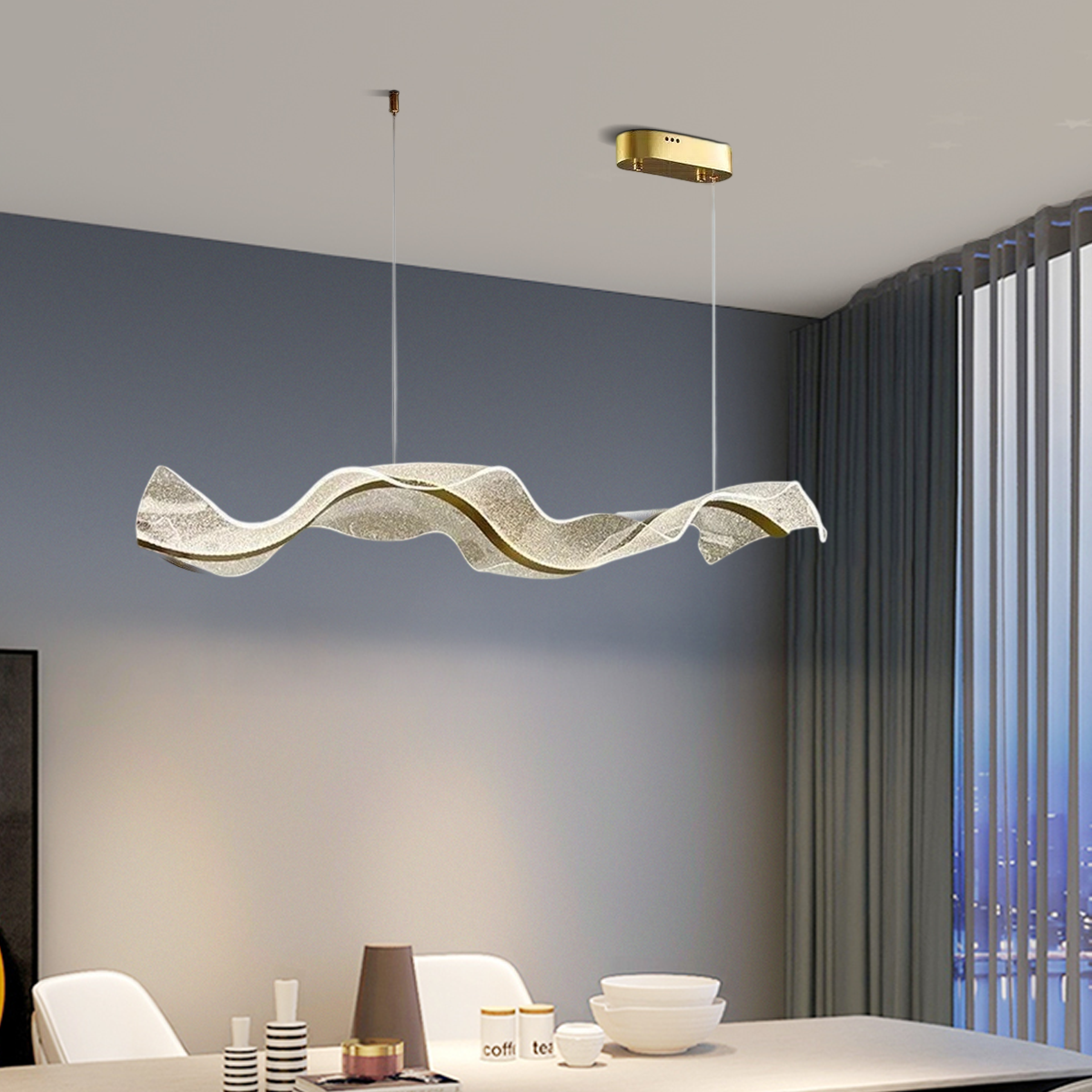 Modern Metal & Acrylic Pendant Light - Gold Wave Design for Dining Room