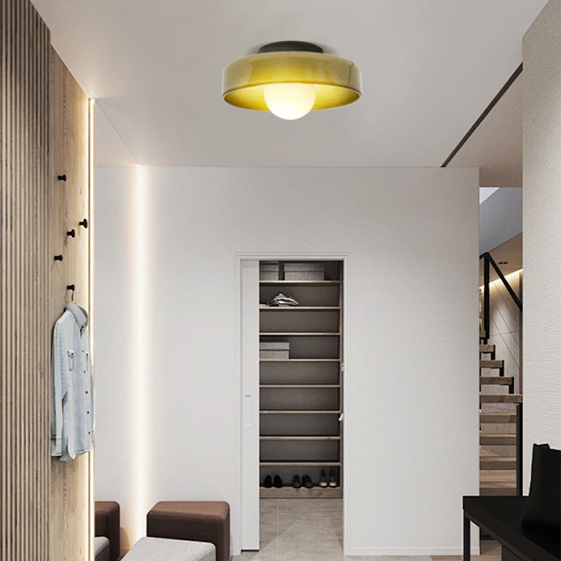 Modern round ceiling light in hallway, Yellow Green Glass