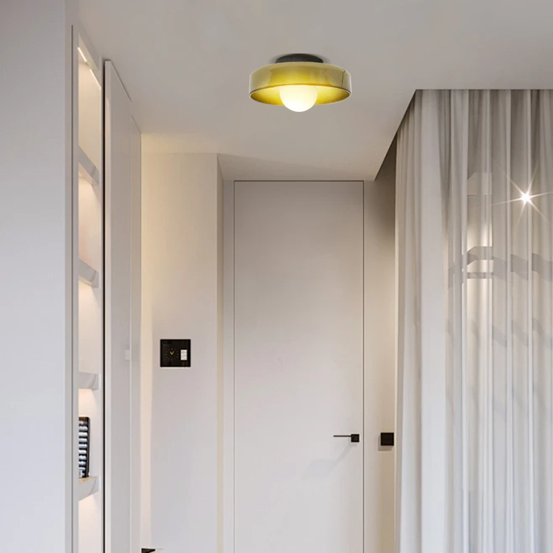 Modern round ceiling light in entrance, Yellow Green Glass