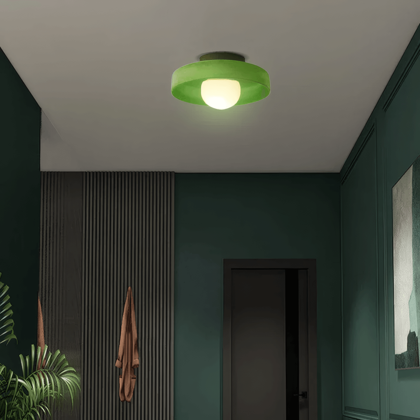 modern round ceiling light, green metal glass detail