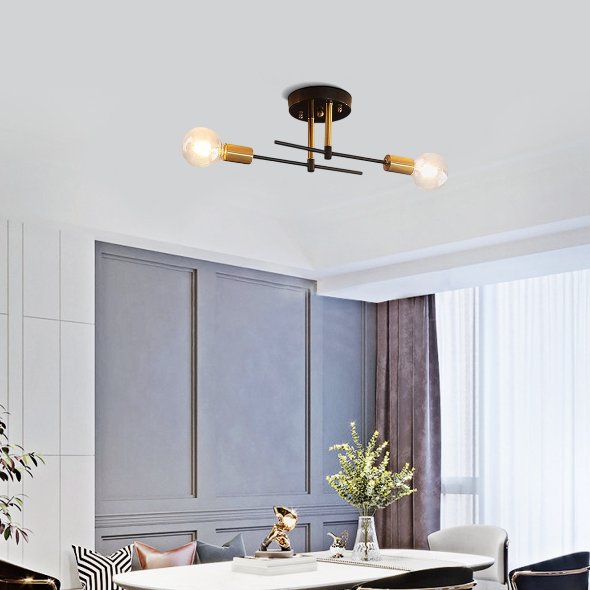 Ceiling Light — Black & Gold Metal/Glass Flush Mount