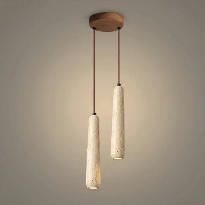 Lámpara colgante moderna Zenno — Cilindro de madera natural y piedra para comedor