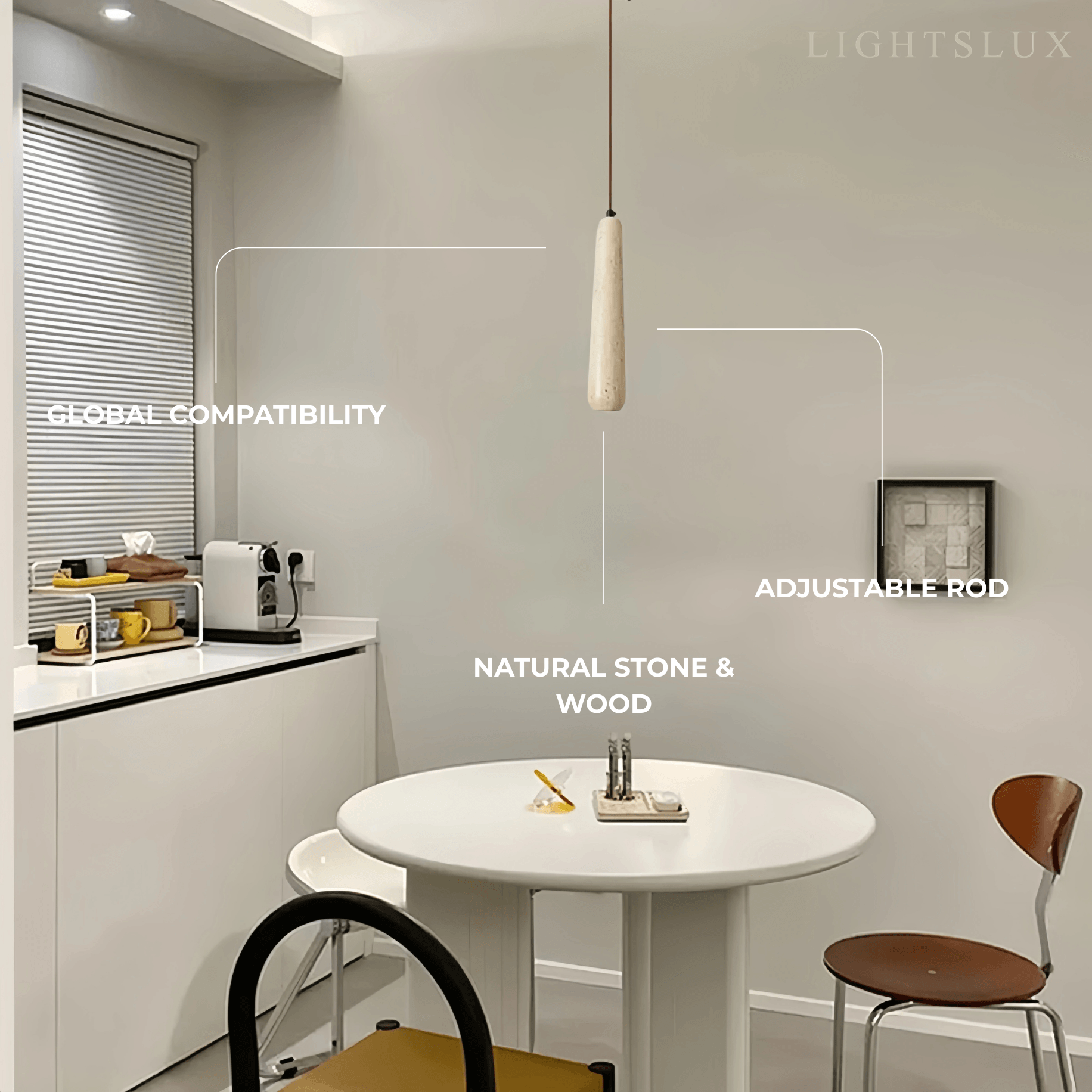 Lámpara colgante moderna Zenno — Cilindro de madera natural y piedra para comedor