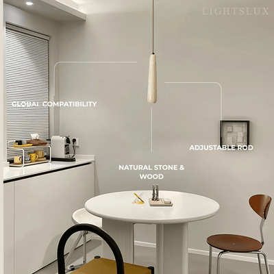 Lámpara colgante moderna Zenno — Cilindro de madera natural y piedra para comedor