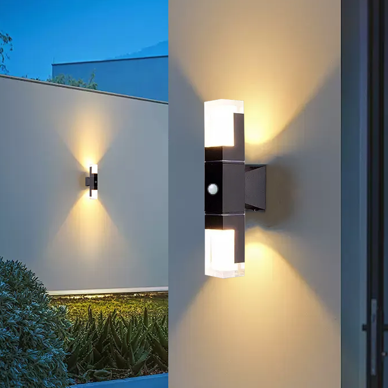 Modern Black Rectangle Sensor Outdoor Double-Head Wall Light for garden