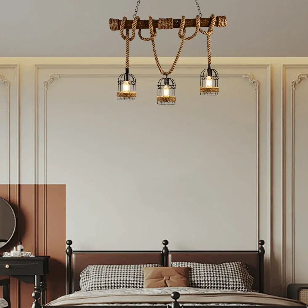Irondale Vintage 3-Light Pendant Lamp – Wood & Rope Design for Dining Room