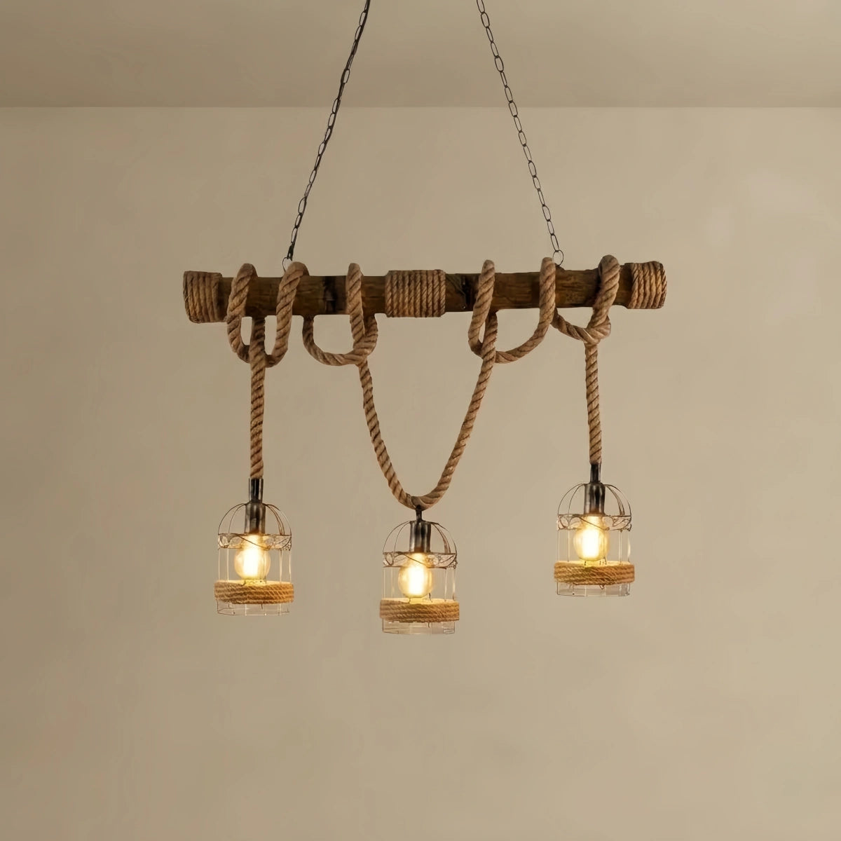 Vintage 3-Light Pendant Lamp – Wood & Rope Design for Dining Room