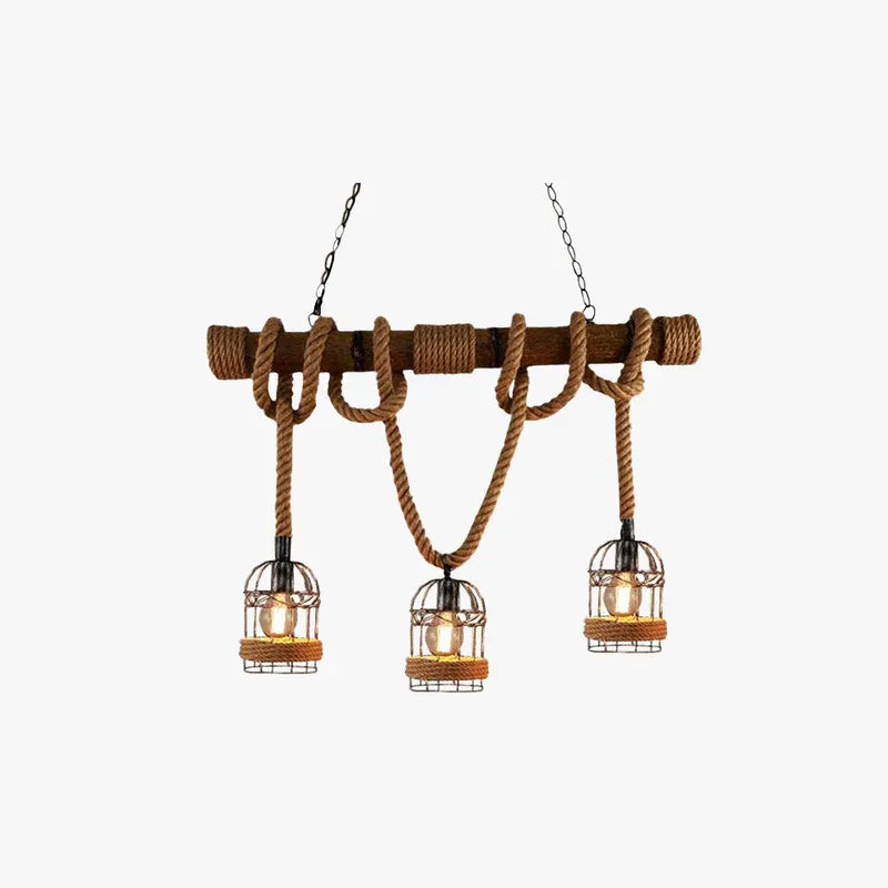 Vintage 3 Heads Wood Rope Pendant Light