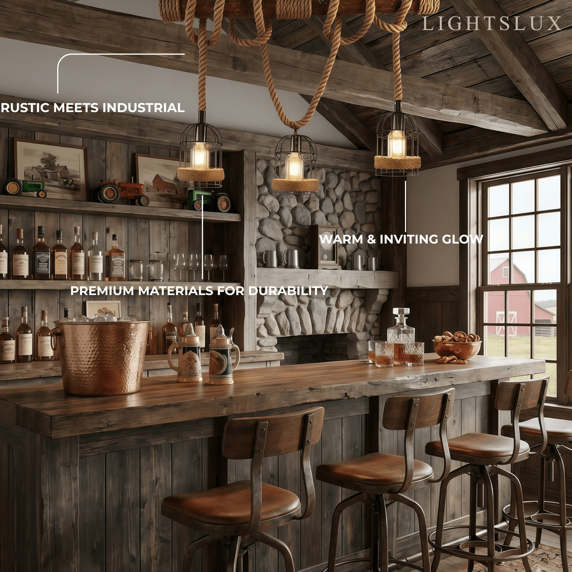 Irondale Vintage 3-Light Pendant Lamp – Wood & Rope Design for Dining Room