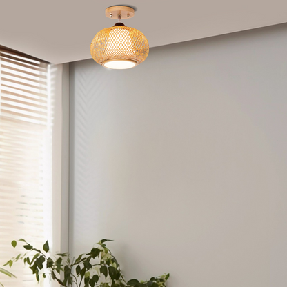 Rattan Ceiling Light – Bamboo Flush Mount for Hallway