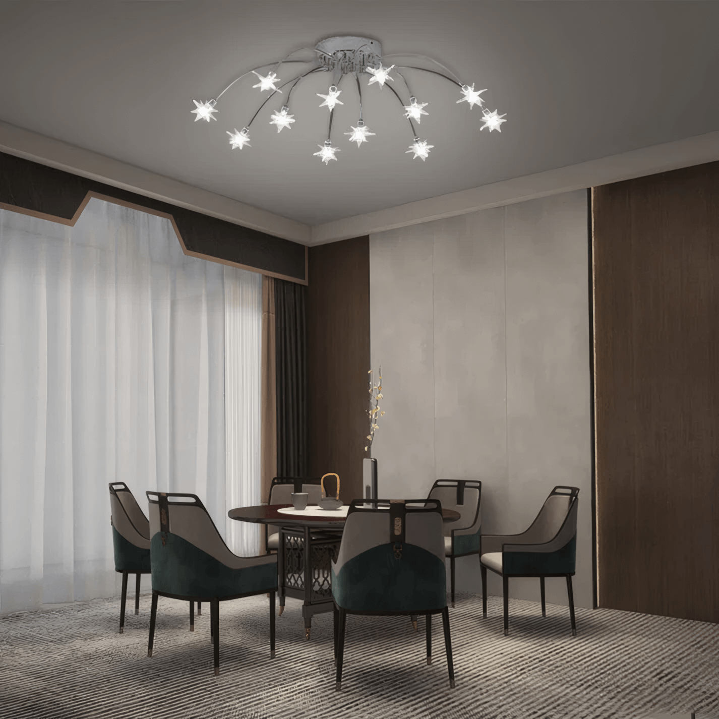 Art Deco Chrome 12-Head Ceiling Light for Dining Room