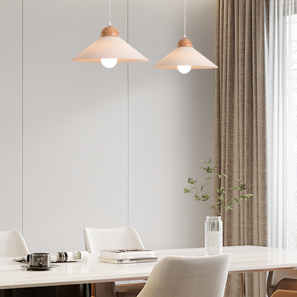  Wood & Glass Pendant Light — Brown Conical Shade for Dining Room