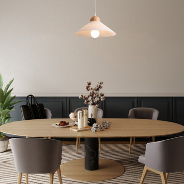 Wood & Glass Pendant Light — Brown Conical Shade for Dining Room