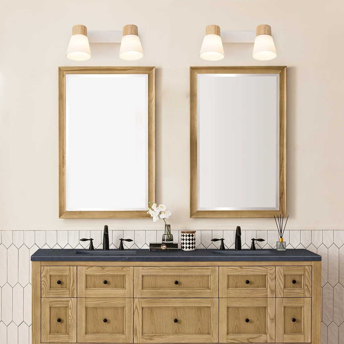 White Vanity Light – Wood & Glass Conical Shades for Bathroom