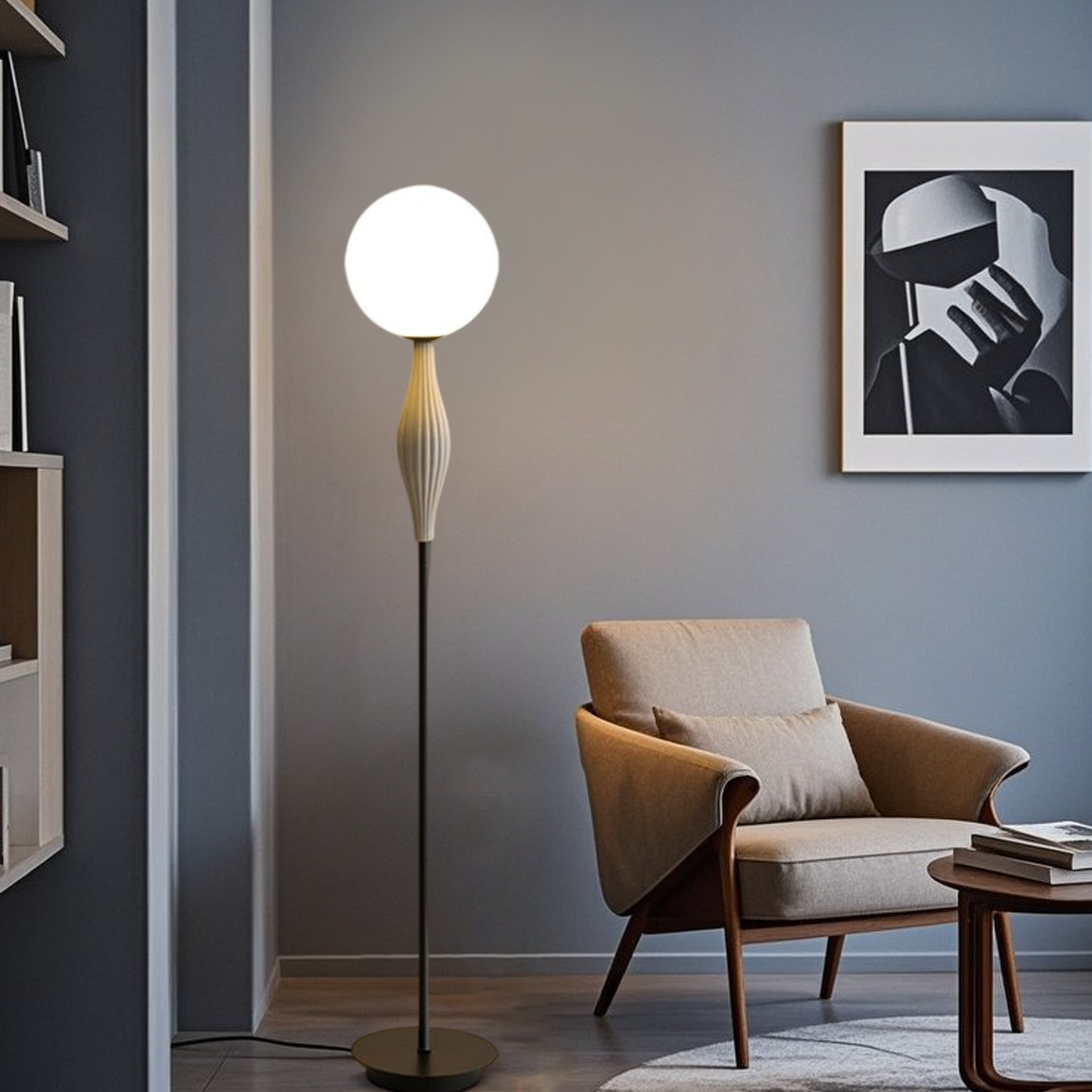 Designer Floor Lamp — Black Metal & Glass Globular Design