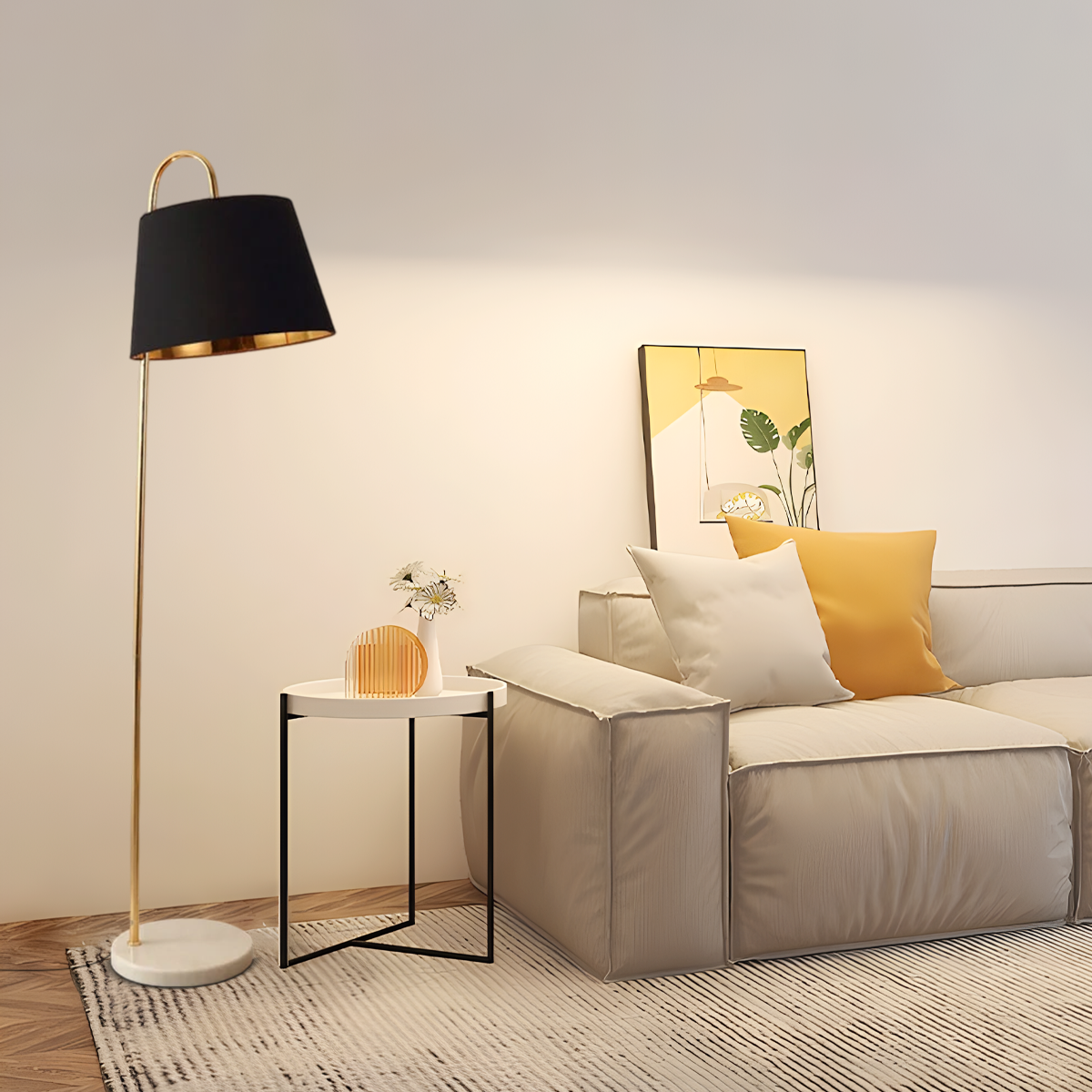 Floor Lamp - Black/White Metal with Fabric Shade Bedroom/Living Room