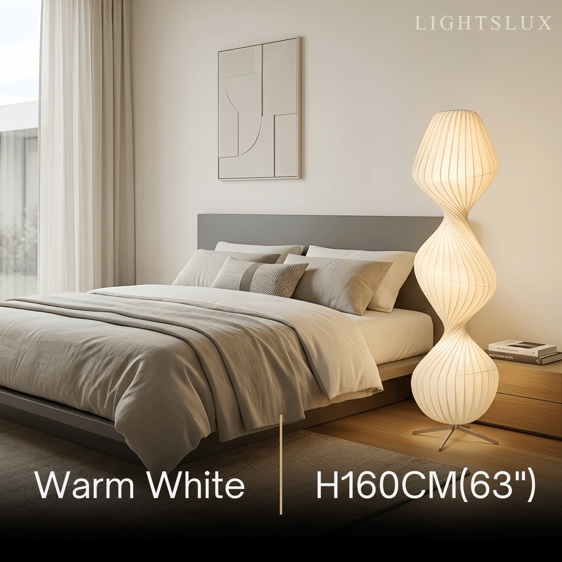 Lámpara de pie Zenno Art Deco – Tela plisada blanca y metal para dormitorio