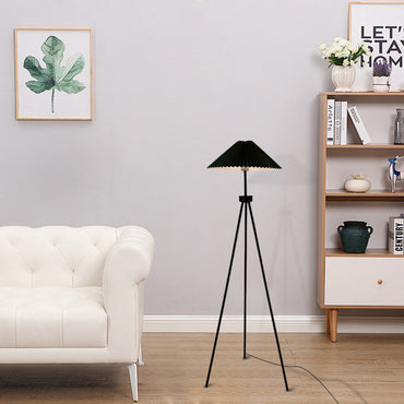 Modern Floor Lamp - Black Metal Tripod with Pleated Fabric