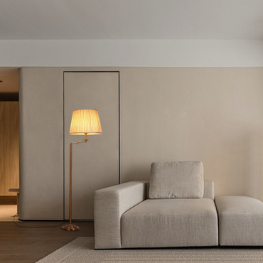 Modern Floor Lamp — Brass Metal & Fabric Cylinder Living Room