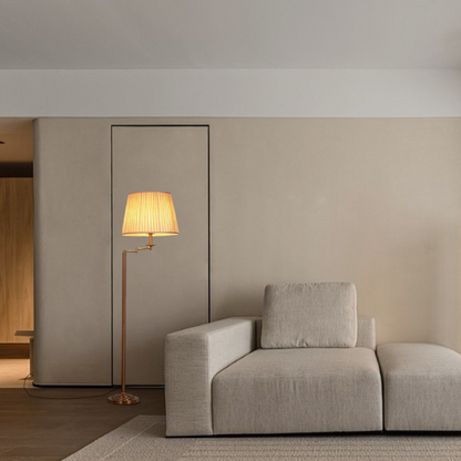 Modern Floor Lamp — Brass Metal & Fabric Cylinder Living Room