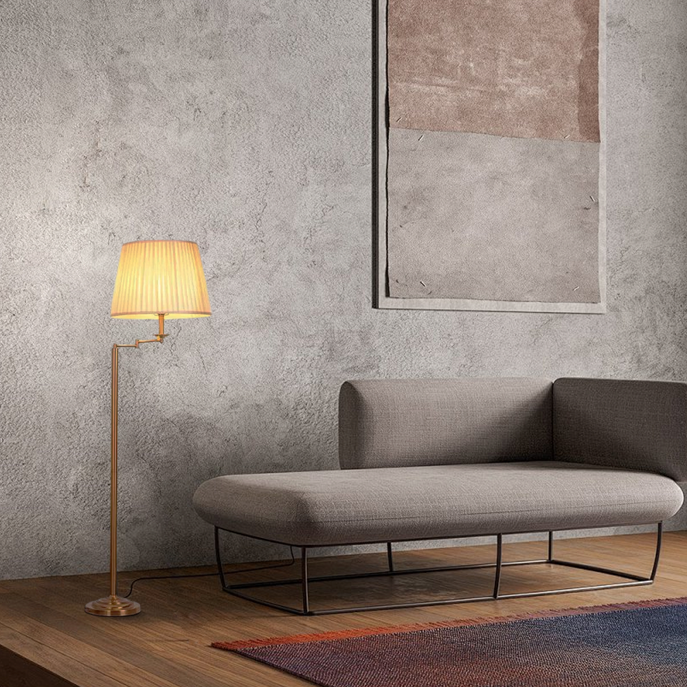 Modern Floor Lamp — Brass Metal & Fabric Cylinder Living Room