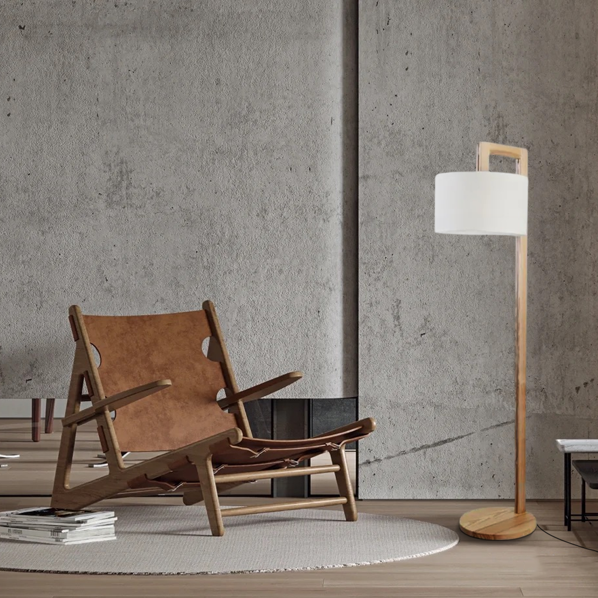 Nordic Floor Lamp – Wood Log with Hooded Shade 