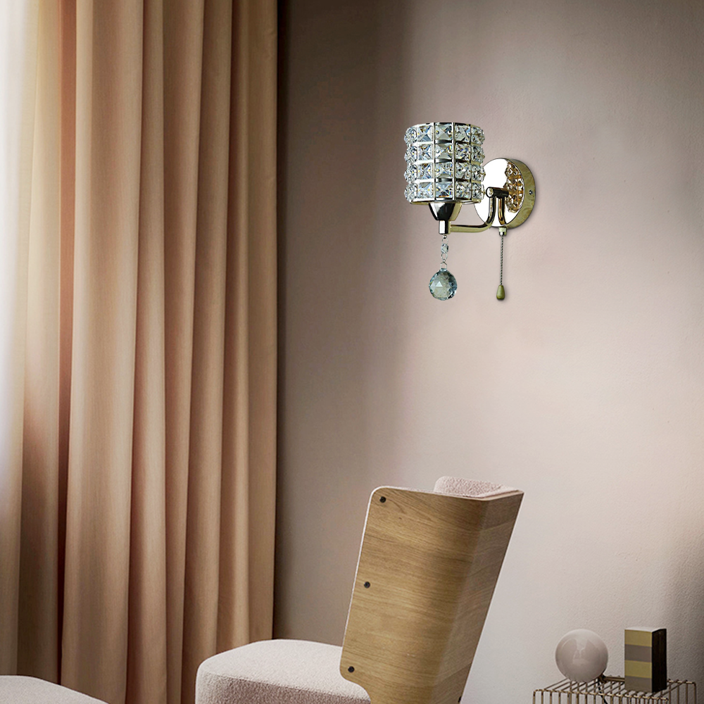 Excelis Modern Crystal Wall Lamp — Gold/Chrome Metal Cylinder LED Living Room