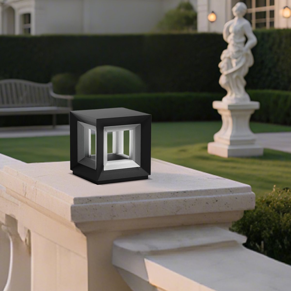Modern LED Outdoor Pillar Lights - Black Metal Cube Design